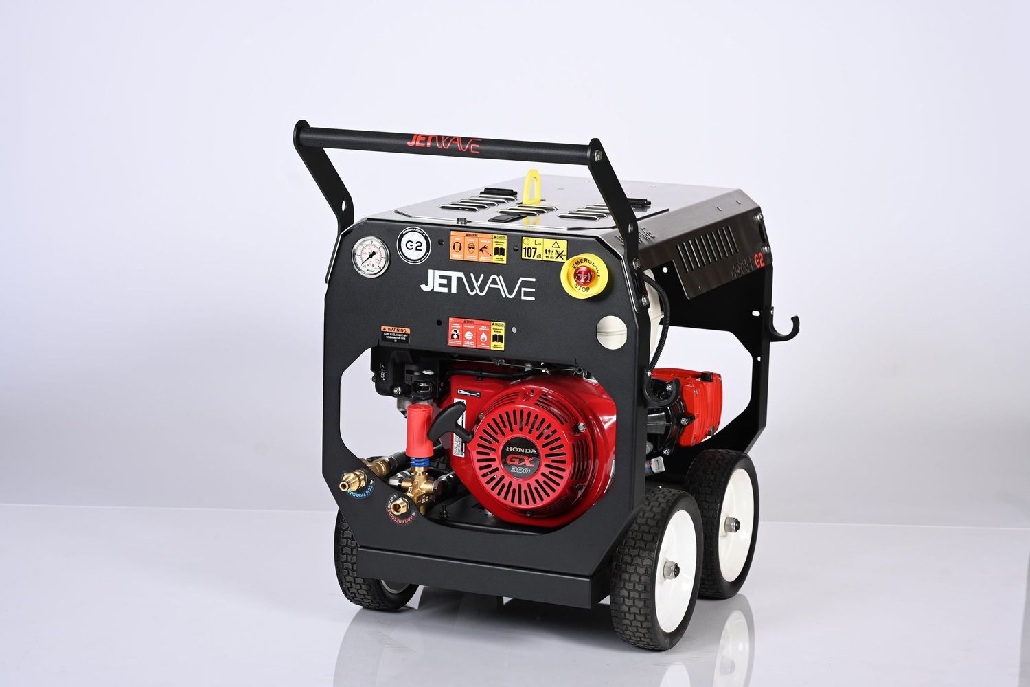 Black and red portable gas-powered pressure washer with wheels and control panel shown. Industrial commercial photography.
