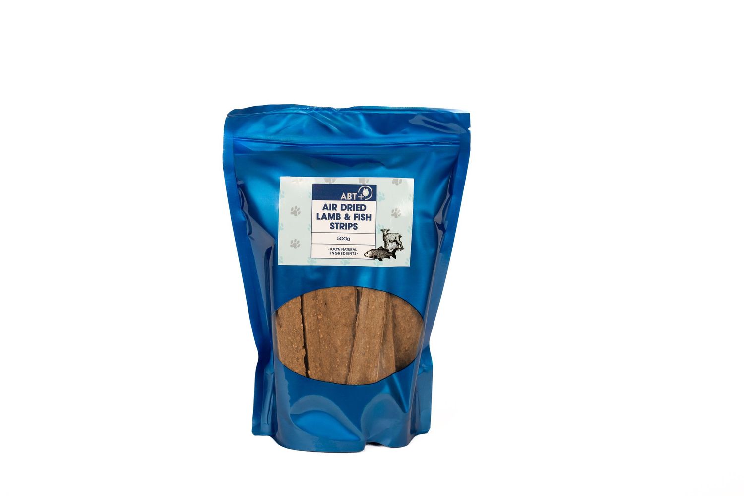 A blue resealable bag of dog treats or snacks with a clear window showing brown treats inside. Product photography for e-commerce.