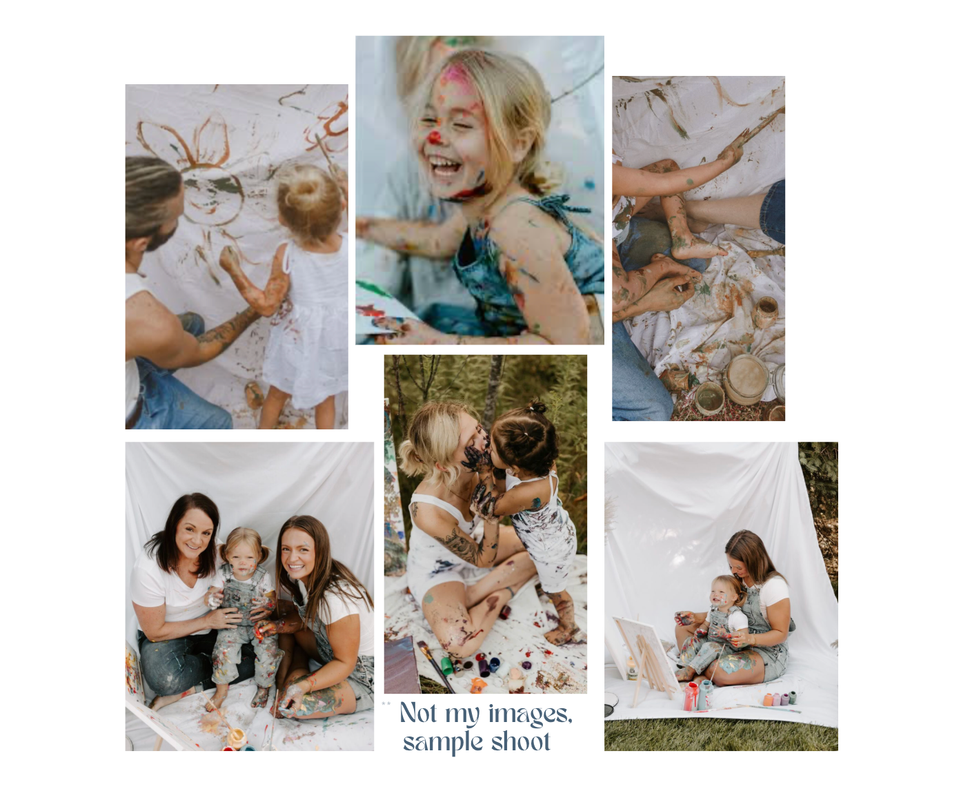 sample images not taken by me, showing an concept of painting in a mommy and me photoshoot. mother daughter in denim overalls and playing