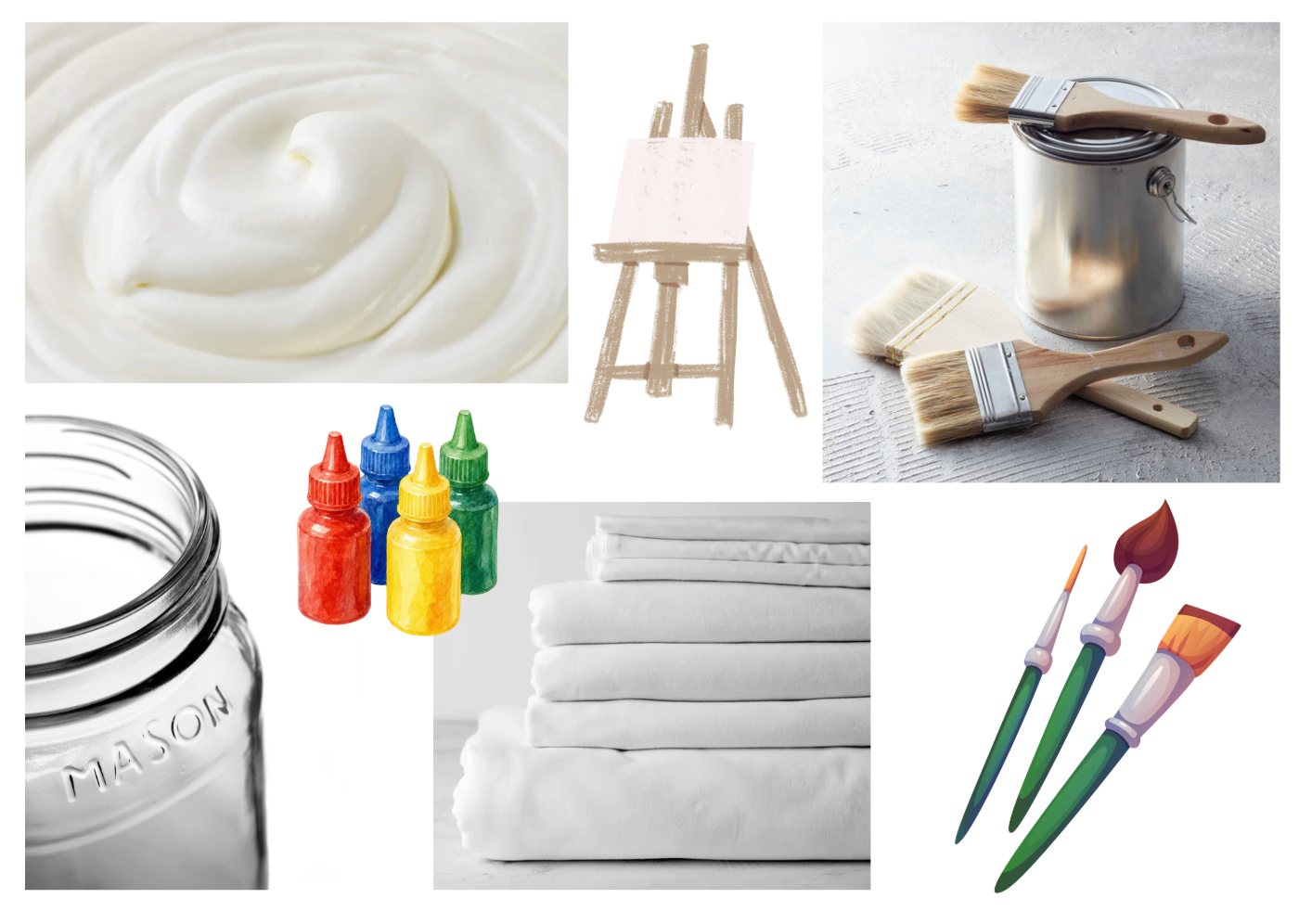 items for painting photoshoot: yogurt with food coloring as food safe paint alternative, paint cans, brushes, white sheets, mason jar, easel