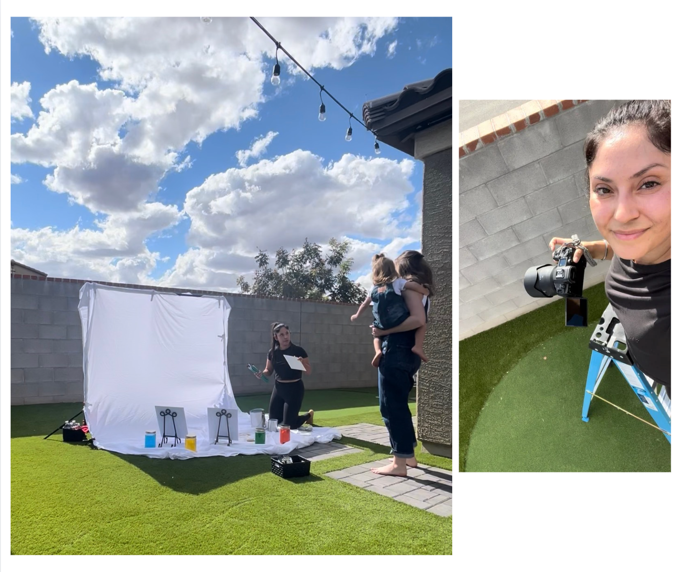 home photoshoot in phoenix, Arizona. white backdrop, paint, tall ladder, cannon R5 camera, cloudy day, brunette female standing tall ladder