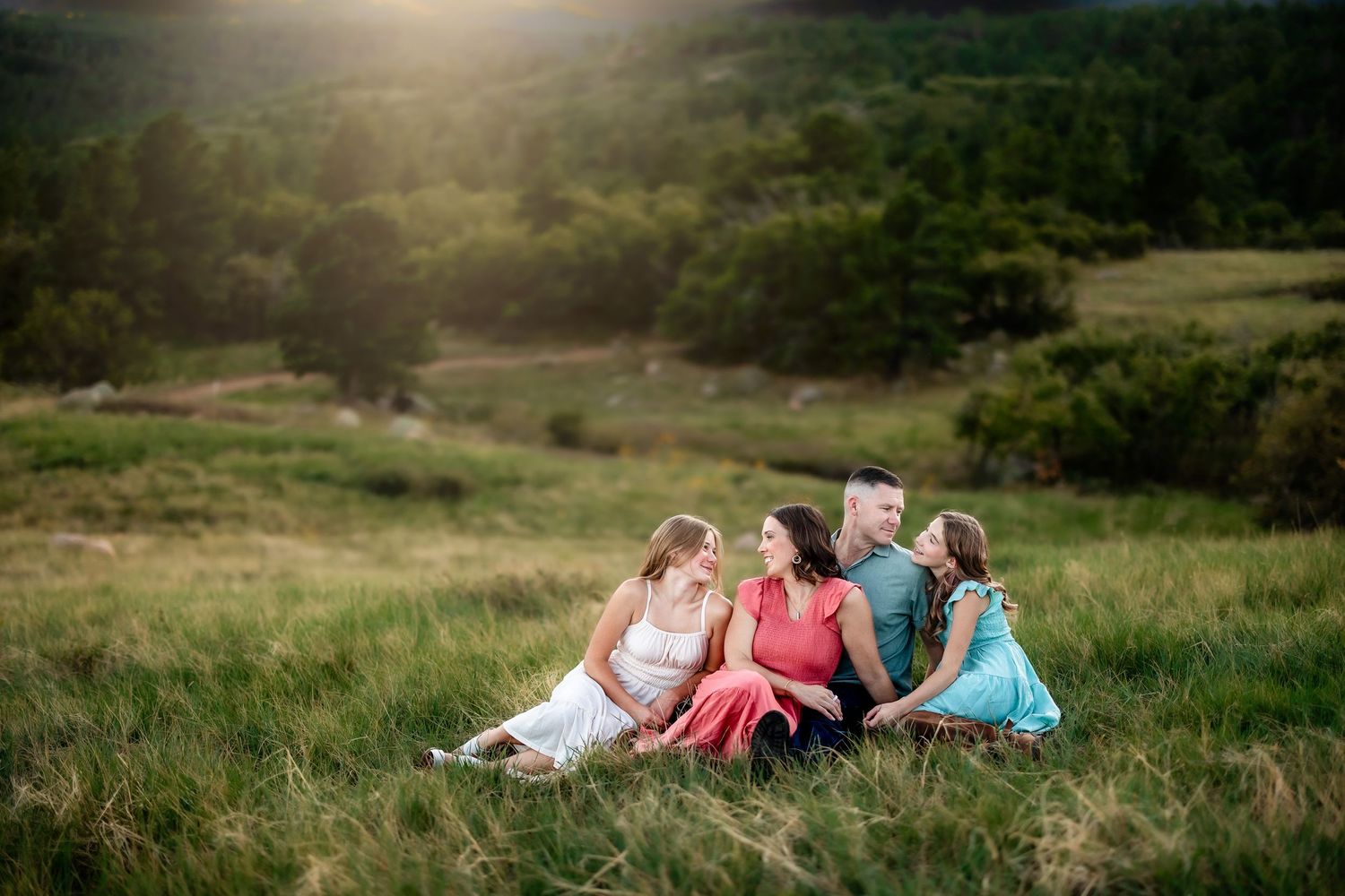Family of four sitting together in a sunlit green meadow, sharing a joyful moment surrounded by lush hills.