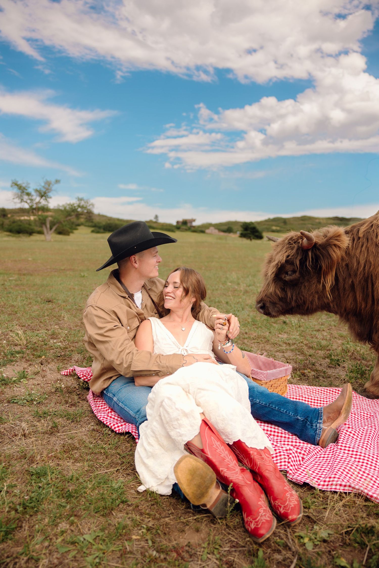 Couple in cowboy hats enjoys a romantic picnic on a red checkered blanket in a green field with a Highland cow nearby.