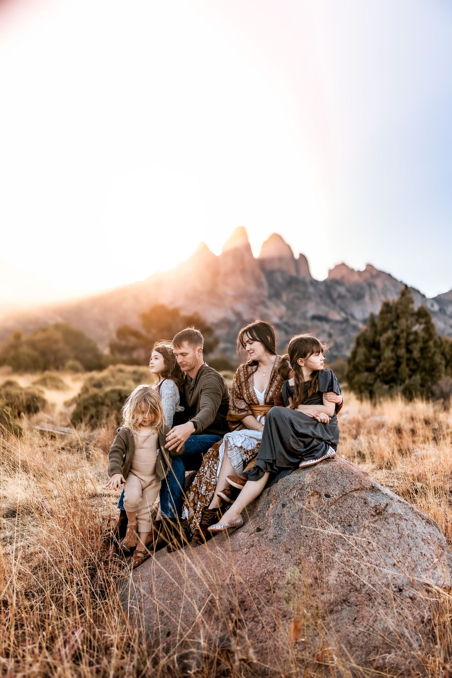 Family of five sitting on a rock in a golden field with dramatic mountain peaks and sunset glow in the background.
