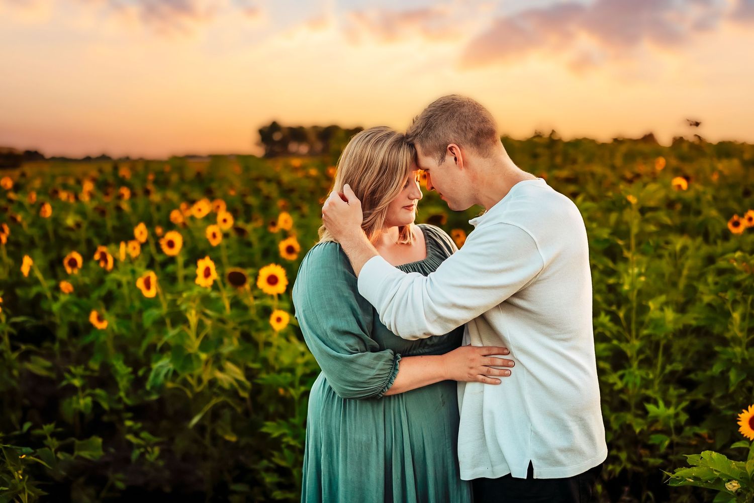 Couple embracing romantically in a sunflower field at golden sunset, touching foreheads in an intimate outdoor engagement photo.