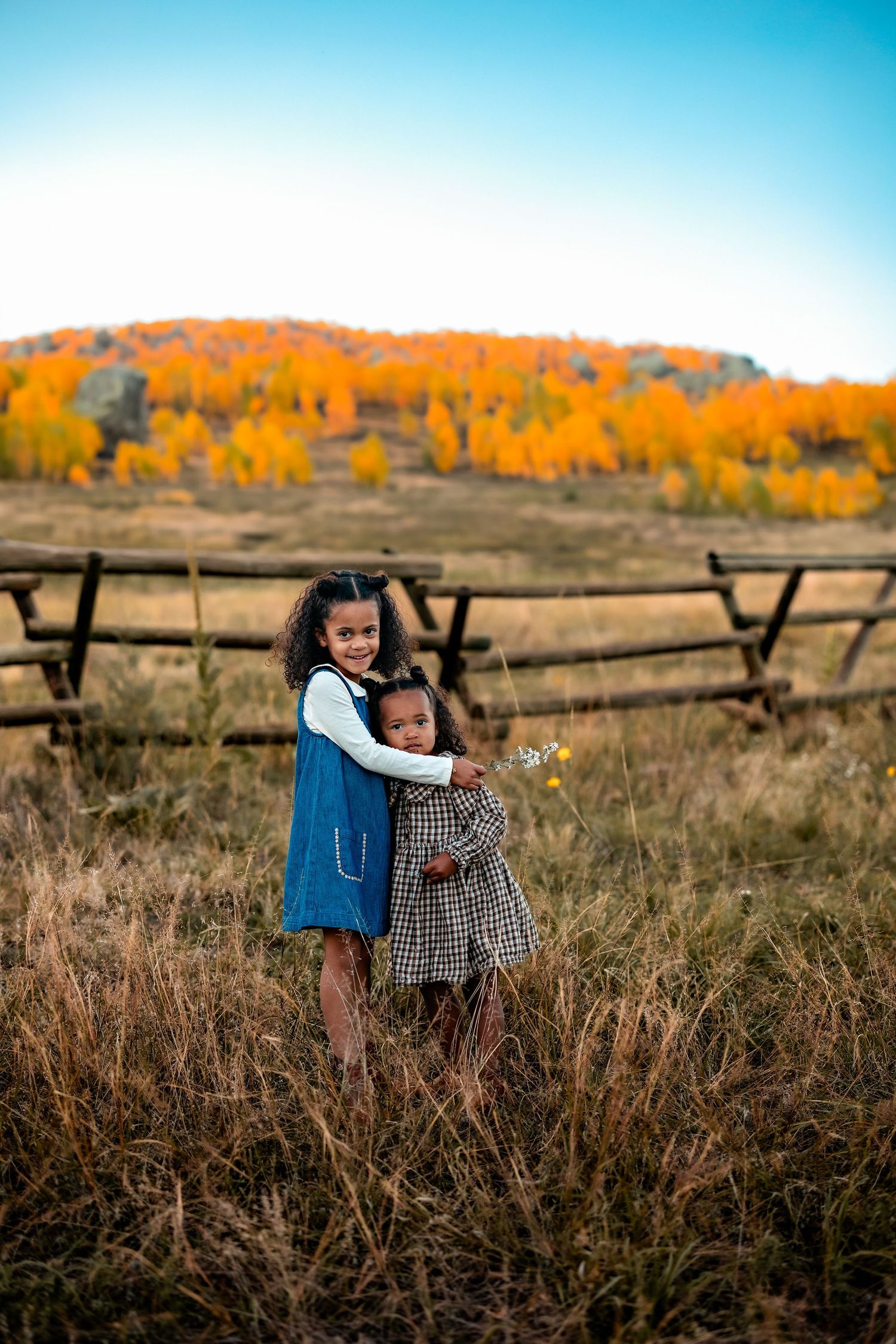 Two young girls embrace in a grassy field beside a rustic wooden fence with golden autumn aspen trees on the hillside behind them.