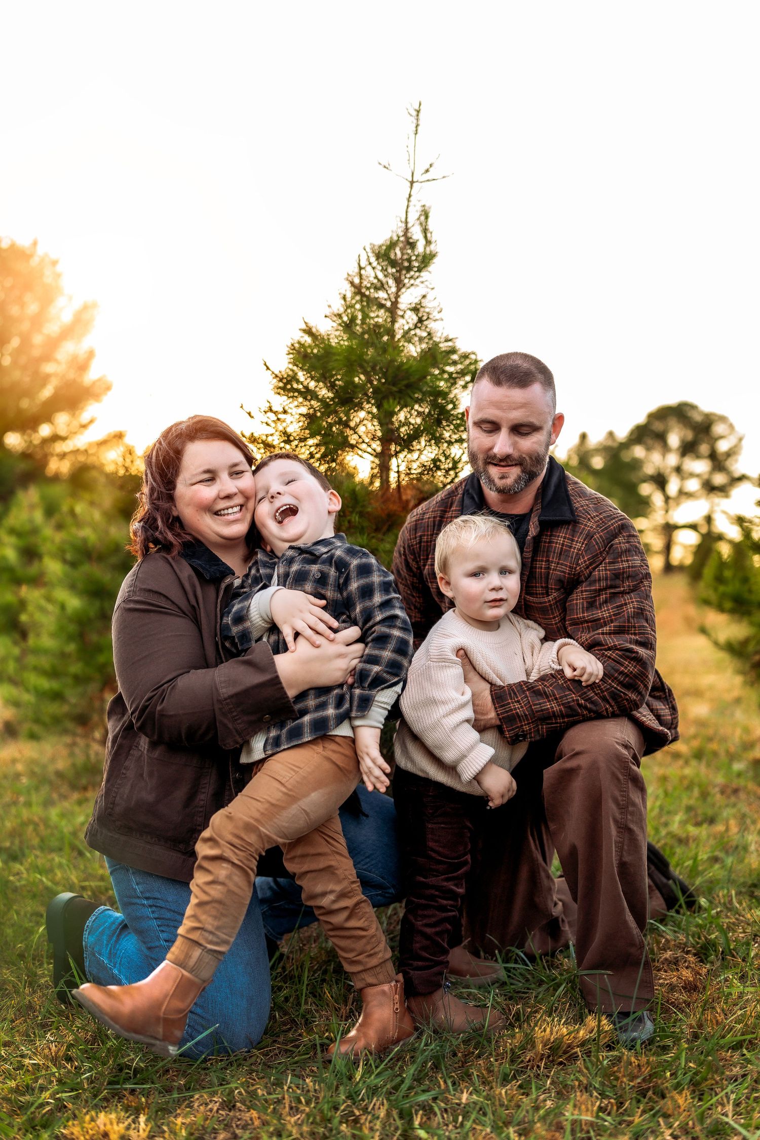 Family of four smiling outdoors at a Christmas tree farm during golden hour, parents hugging laughing children.