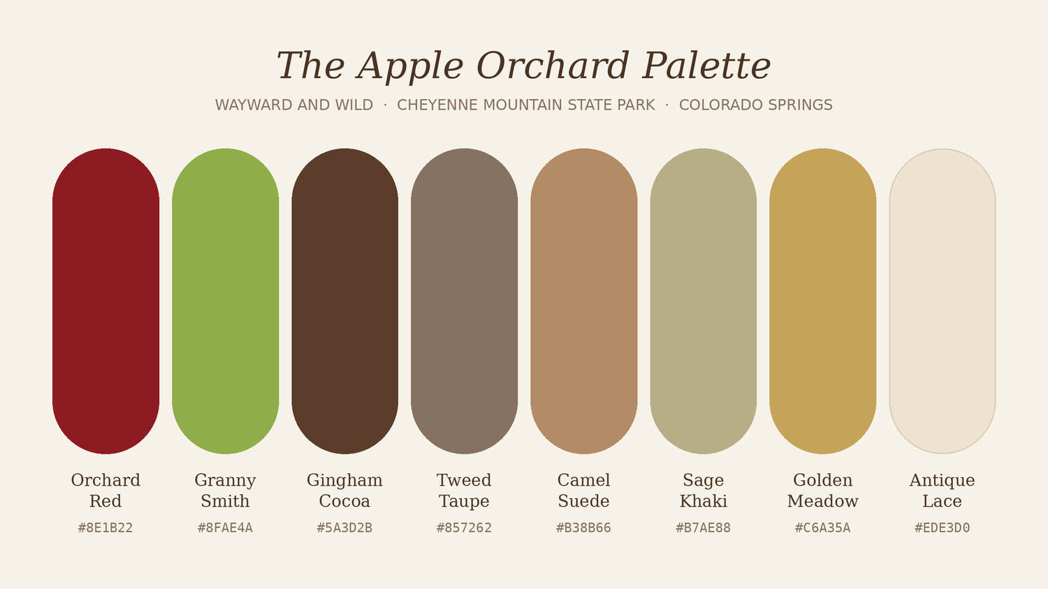 Apple Orchard color palette with eight swatches from orchard red and grassy smith green to gingham cocoa, camel suede, and antique lace.