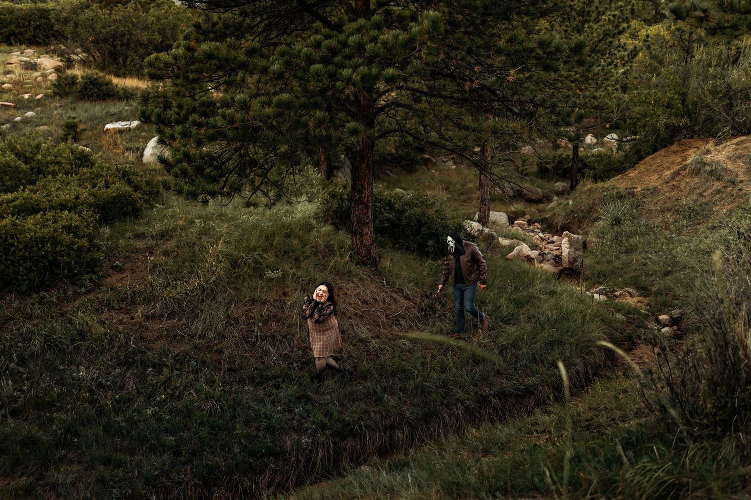 Two people walk through a grassy mountain meadow dotted with pine trees and rocky outcrops, enjoying a moody outdoor adventure.