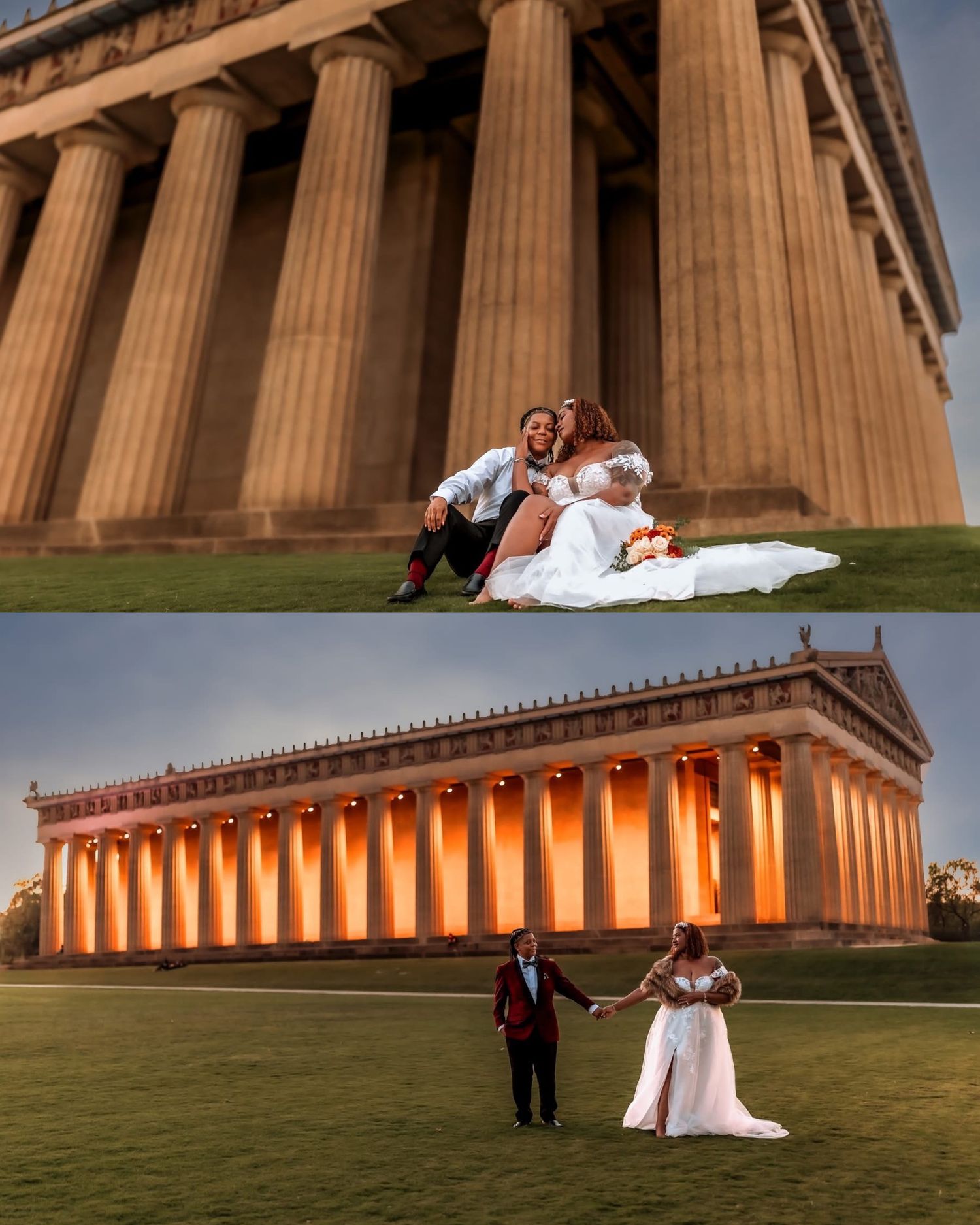 Couple in wedding attire posing at the Parthenon replica in Nashville, Tennessee, at sunset.
