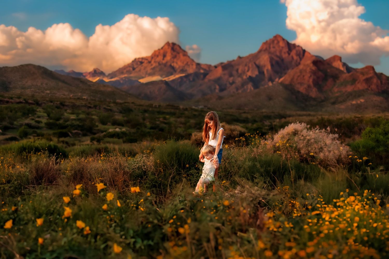A mother and child walk through a golden wildflower field with dramatic red mountains and clouds at sunset.