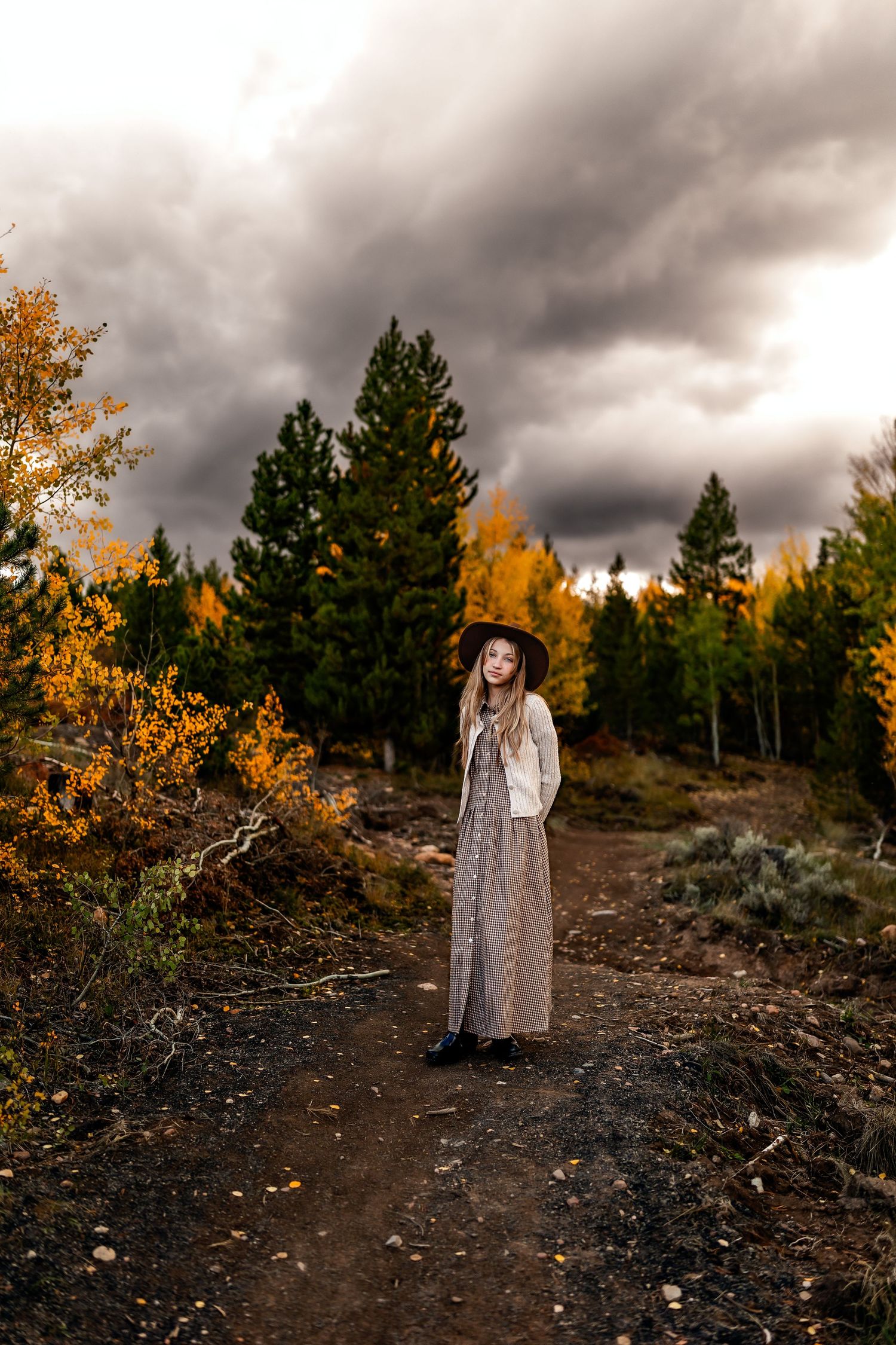 Young woman in maxi dress stands on dirt path surrounded by autumn trees under dramatic stormy sky.