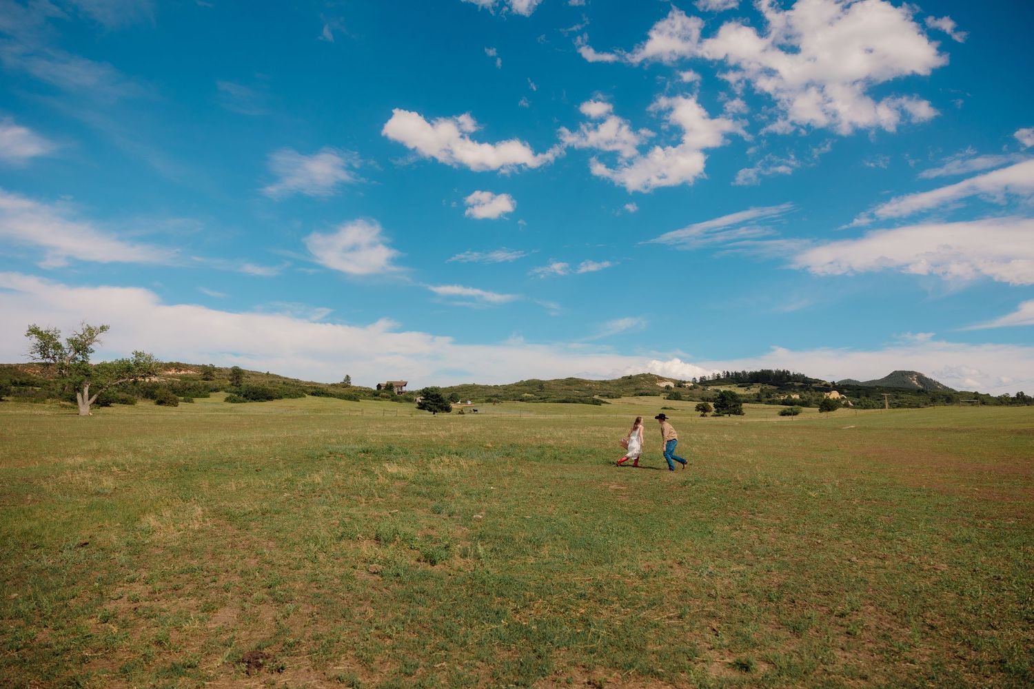 Two people walk across a vast green meadow under a bright blue sky with scattered white clouds.