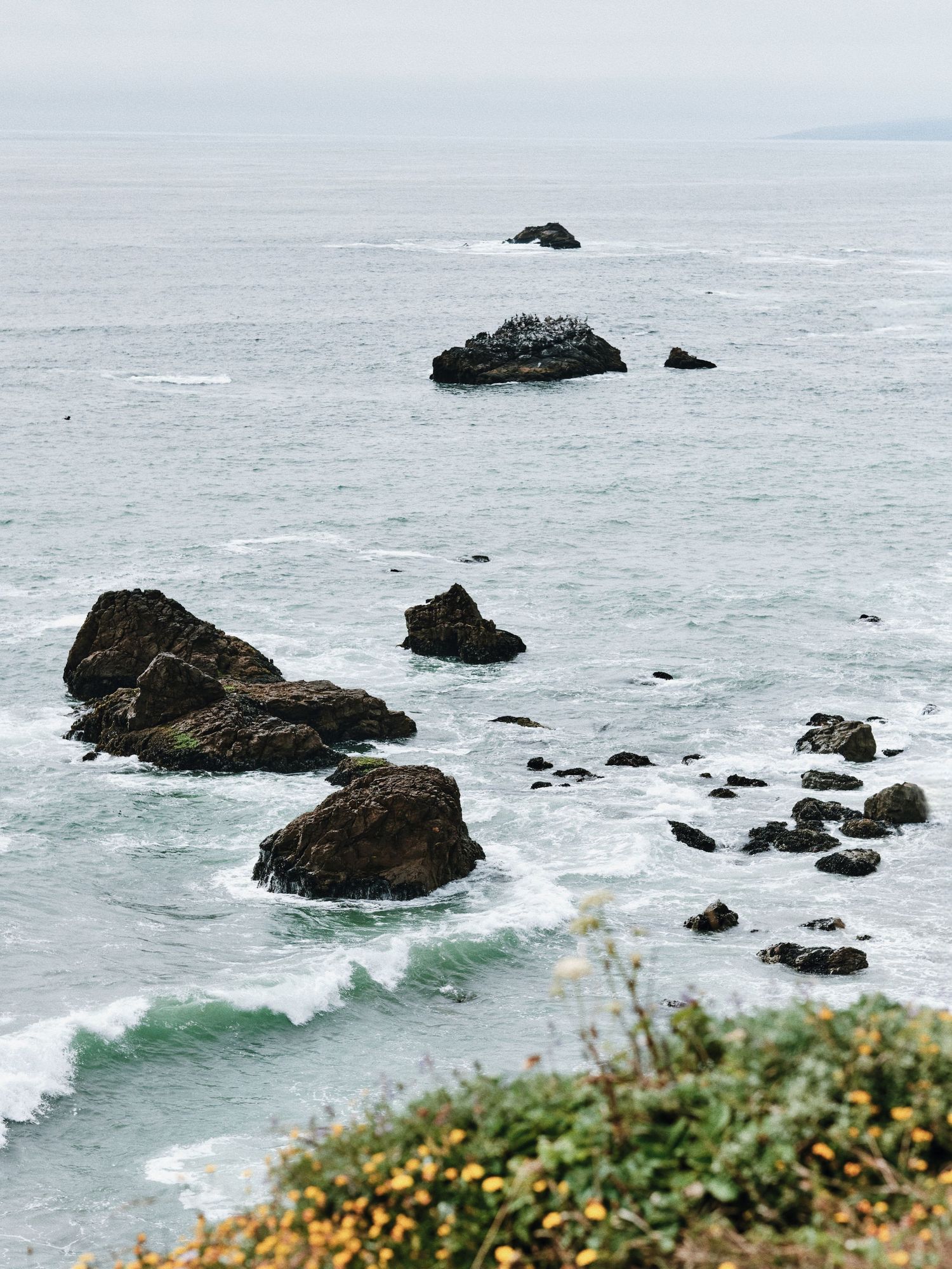 Scenic ocean view featuring rugged dark rocks scattered in calm misty blue-gray waters along a coastal shoreline.