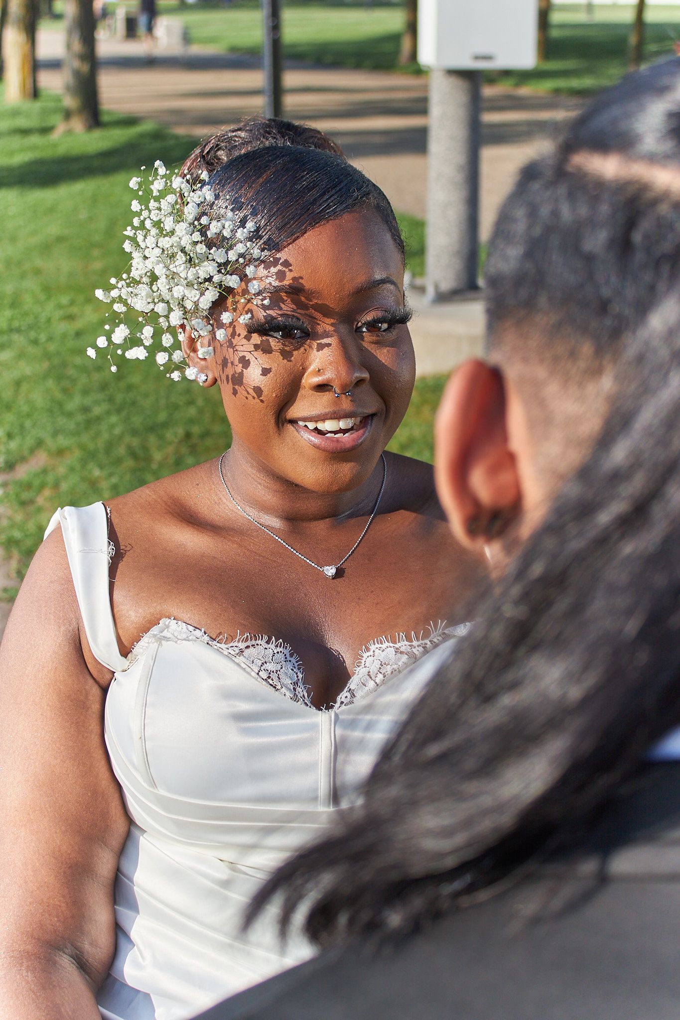 Groom looking at bride