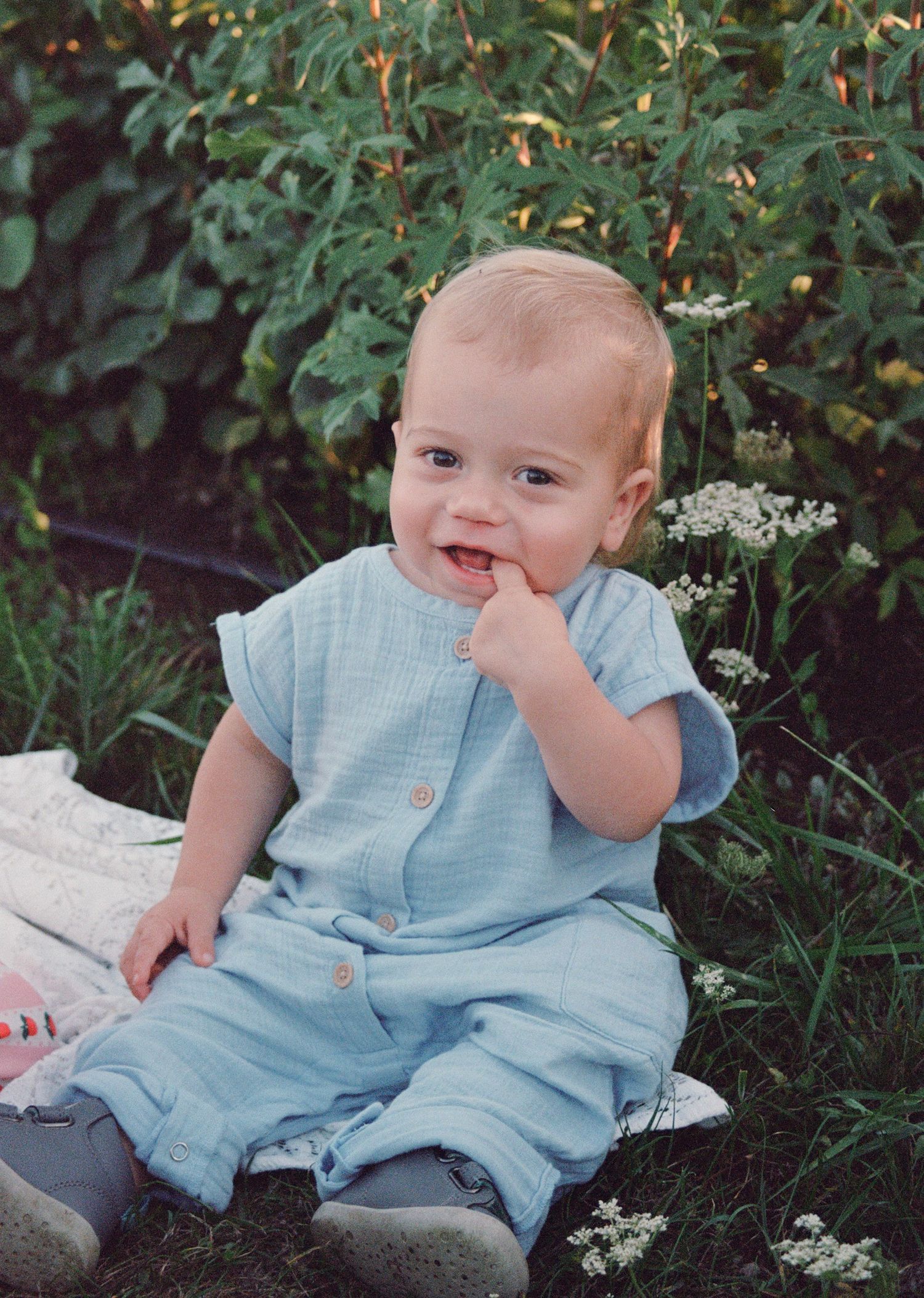 Smiling baby in light blue romper sitting on grass surrounded by green plants and white wildflowers.