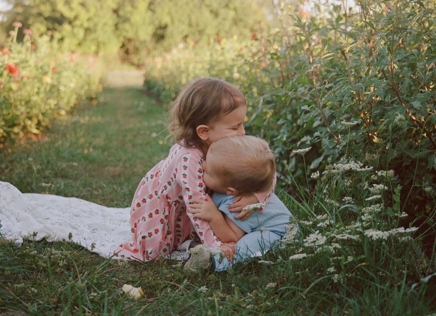 A young girl hugs a toddler boy while sitting on grass beside lush green bushes in a sunny garden.