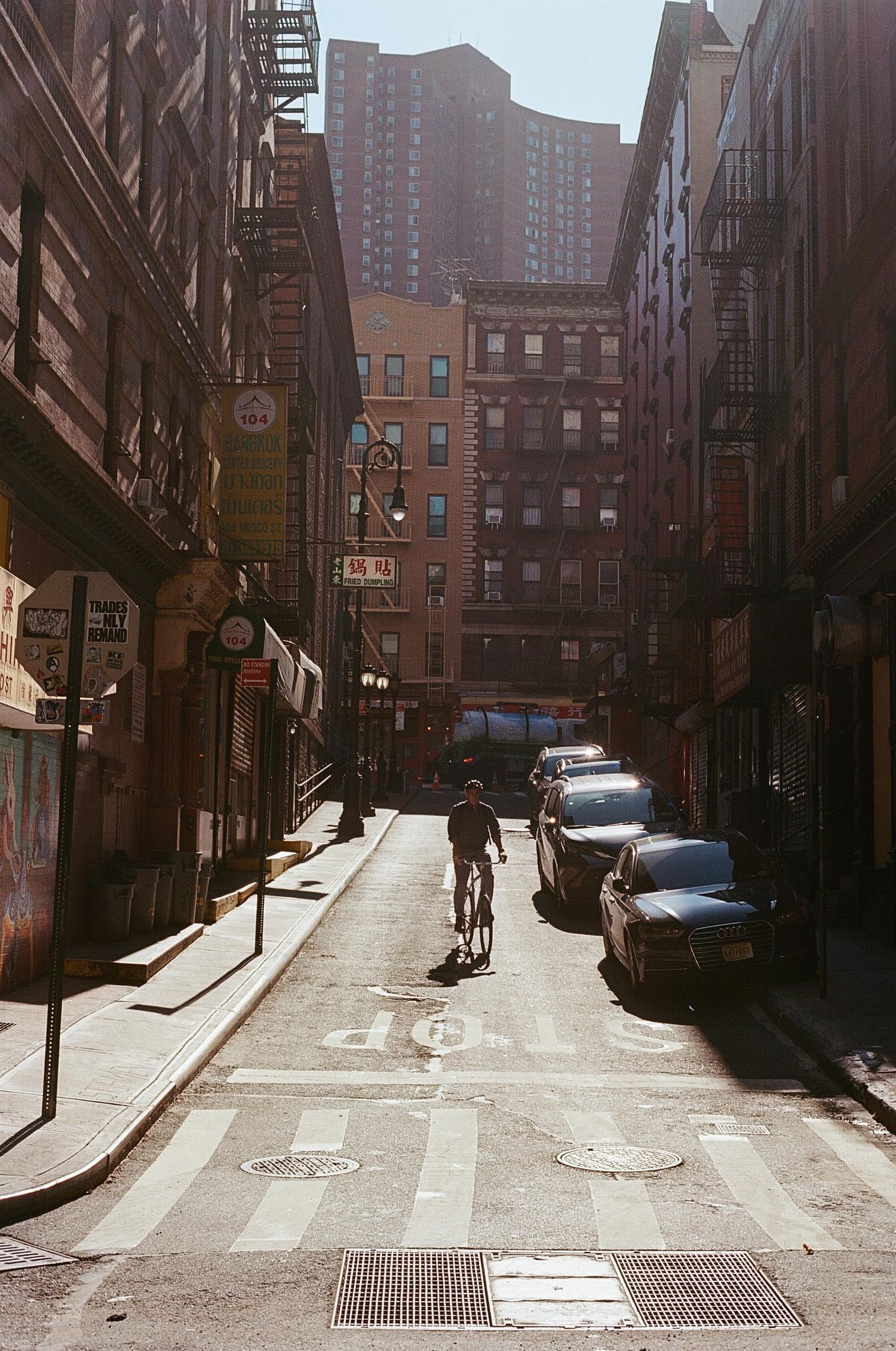 A cyclist rides down a sun-drenched narrow street in New York City flanked by brick buildings and parked cars.