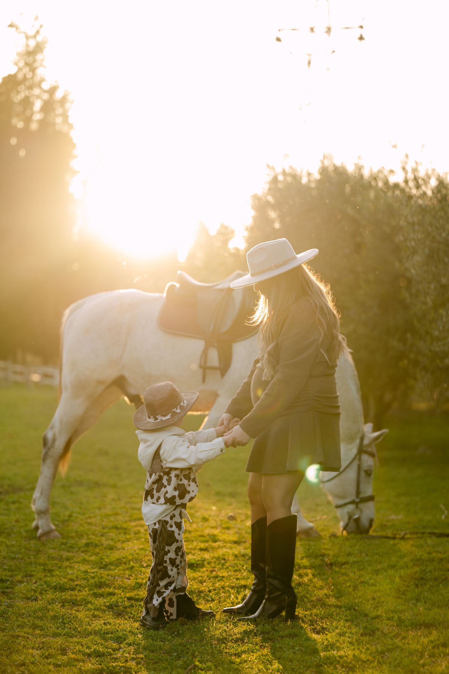 Mother and child holding hands near white horse in sunlit field during golden sunset hour.