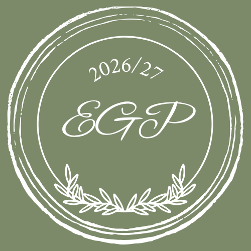 Elegant EGP monogram logo with 2026/27 text in white on sage green circular stamp design.