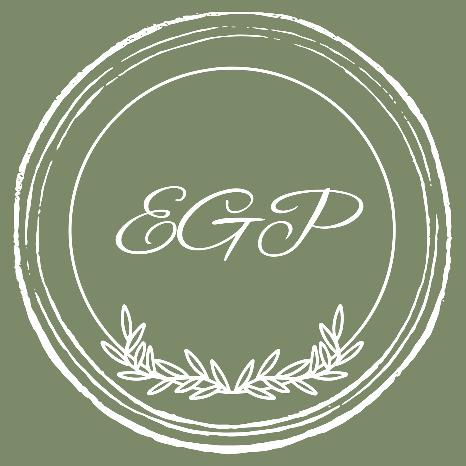 Elegant EGP monogram logo with white script letters inside a rustic circle frame with laurel leaves on sage green.