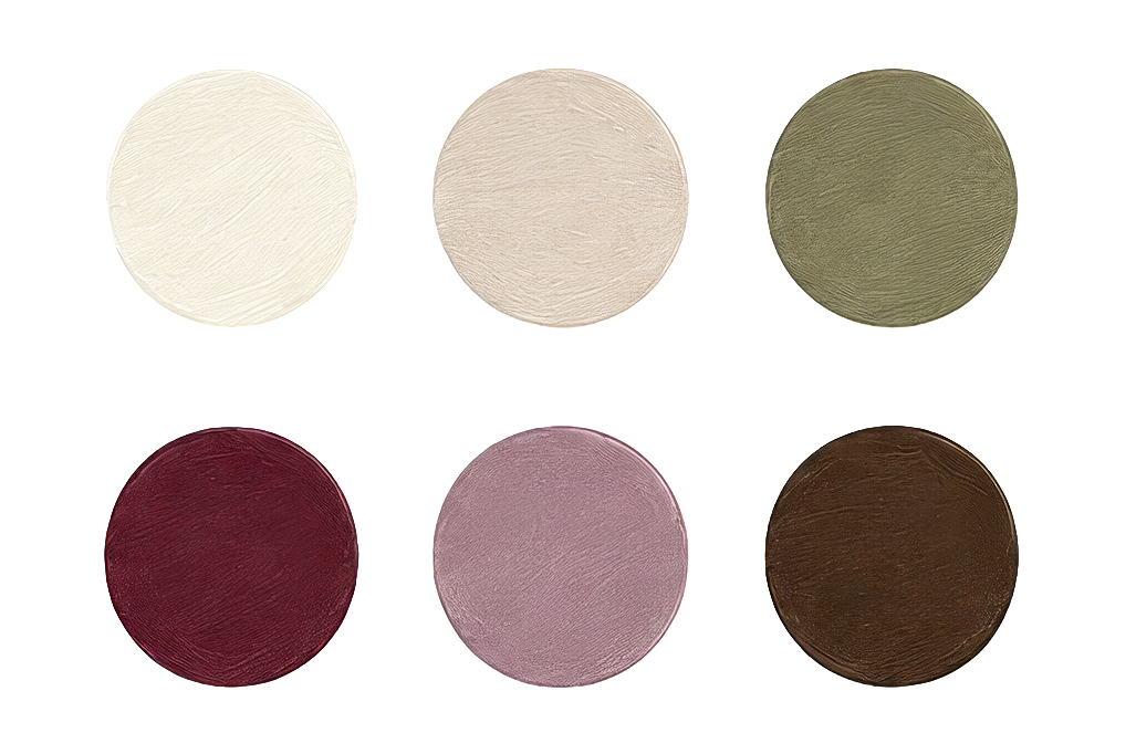 Six round fabric swatches in cream, taupe, olive green, burgundy, mauve, and brown arranged in two rows.