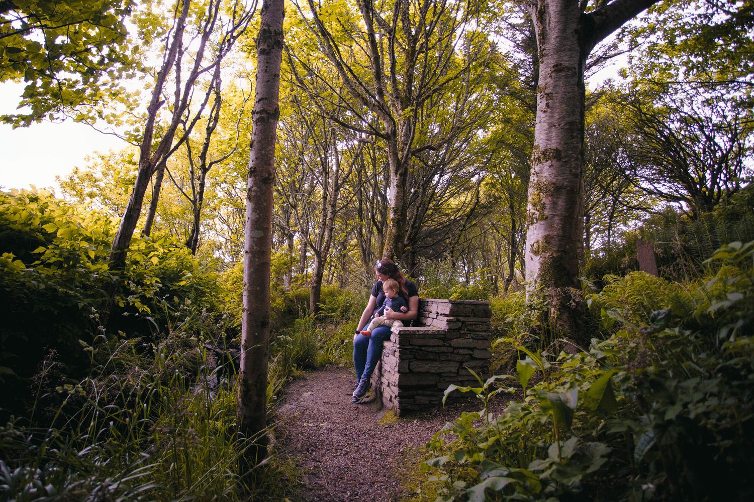 Mother and child sitting on a stone wall surrounded by tall green trees on a woodland path by Orkney Family Photographer