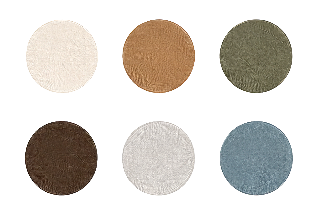Six round leather swatches in cream, tan, olive green, brown, light gray, and dusty blue on white background.