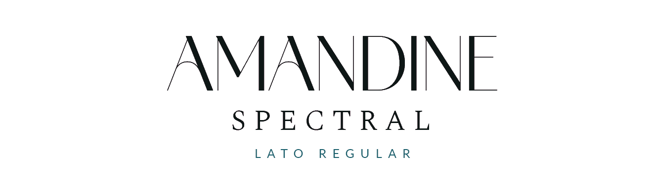 Amandine Spectral font logo displayed in elegant serif typography with Lato Regular subtitle on white background.
