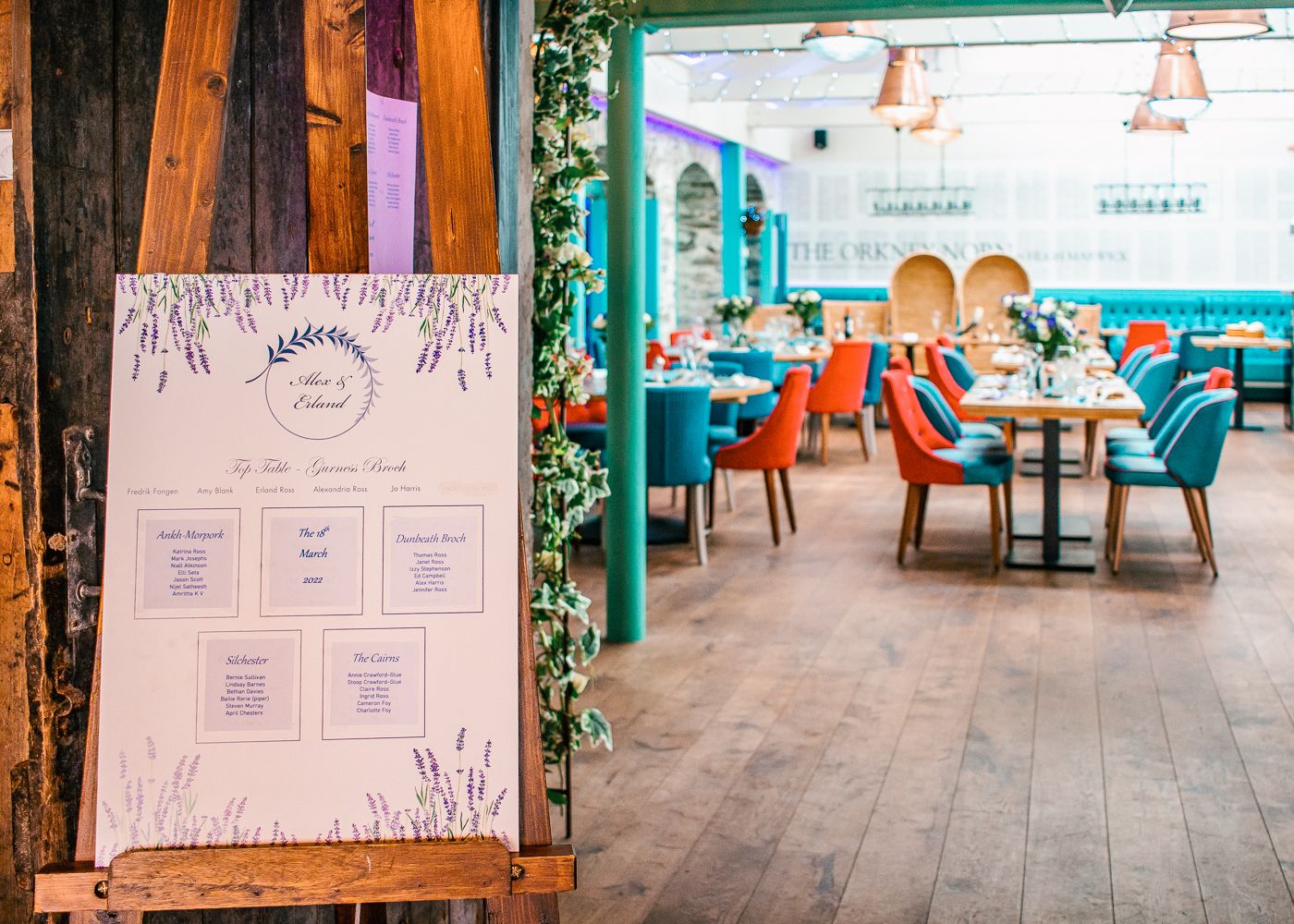 Wedding seating chart on an easel in a colorful restaurant with teal and orange chairs at The Storehouse by Orkney Wedding Photographer