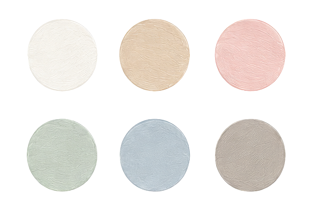 Six pastel color swatches in white, beige, pink, sage green, light blue, and taupe displayed as textured circles.