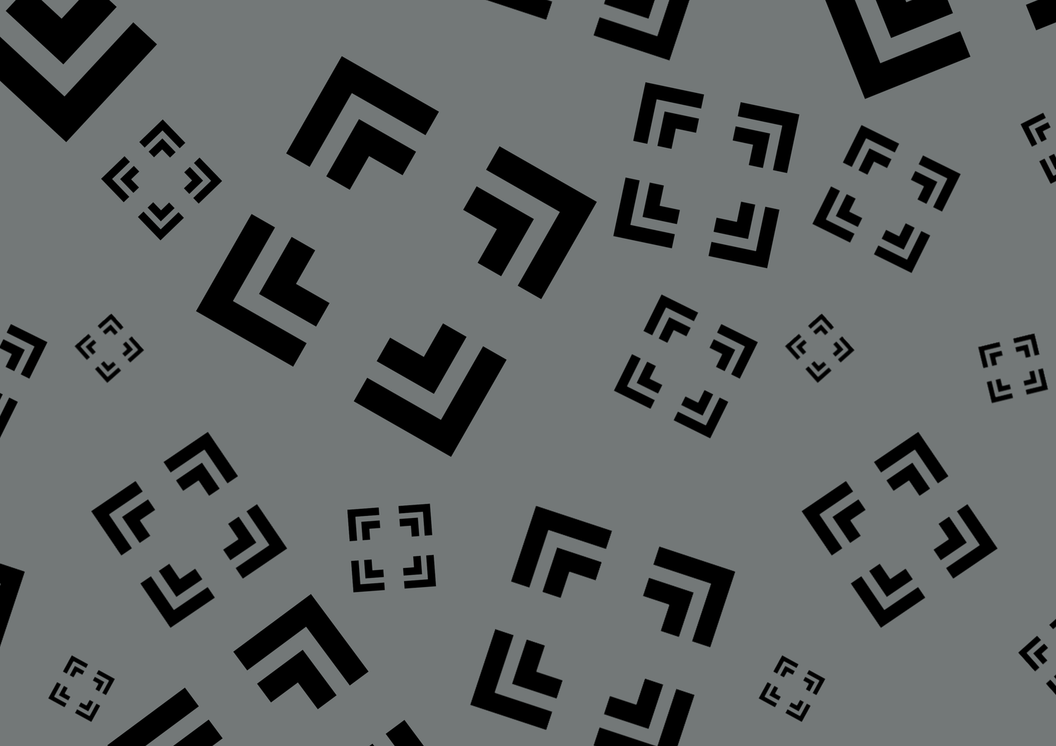Gray background pattern featuring repeating black geometric bracket and arrow symbols arranged randomly.