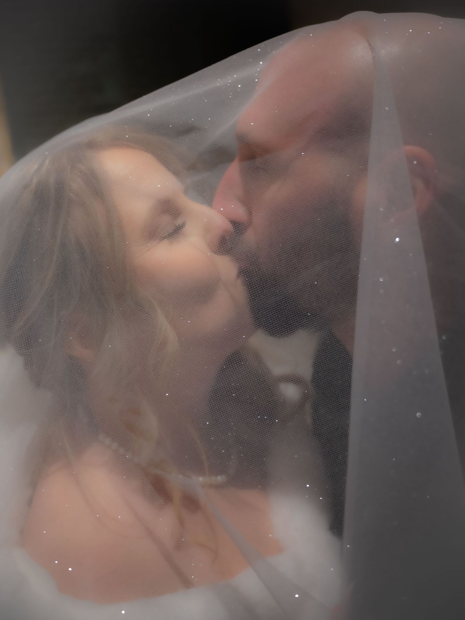 Romantic bride and groom kissing under a sparkling wedding veil in a dreamy soft-focus portrait.