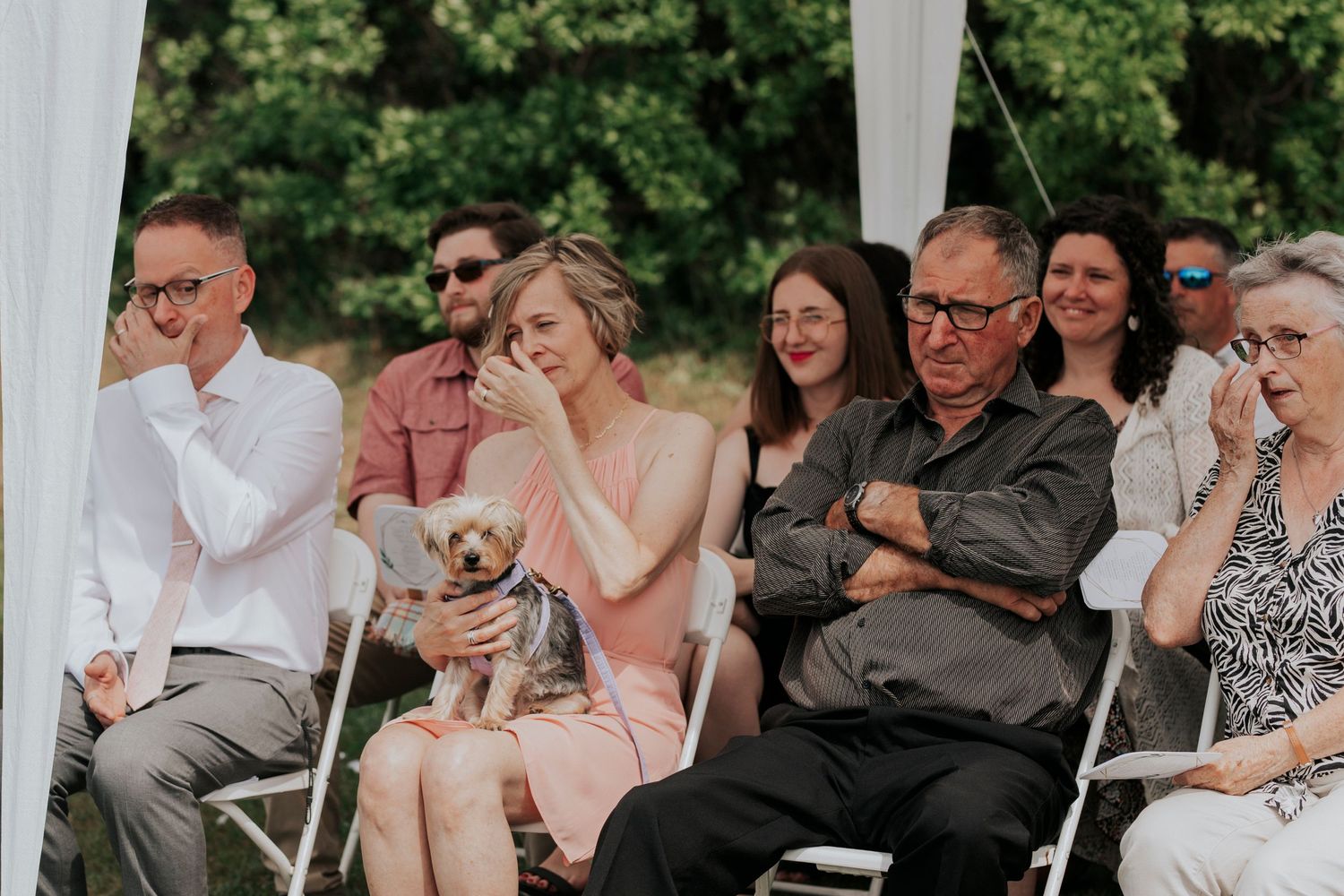 Wedding guests seated in white chairs react emotionally while a small dog sits in someone's lap during an outdoor ceremony.