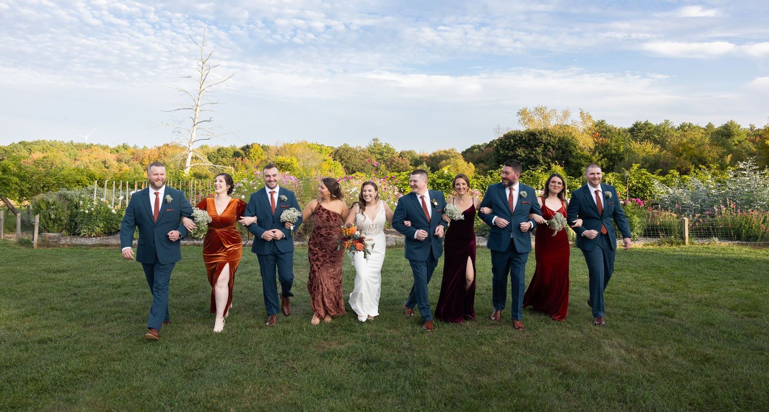 Wedding party walking outdoors on green lawn with colorful attire, trees and blue sky in background.