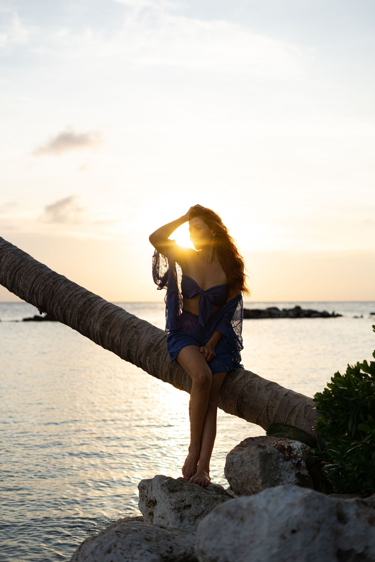 Woman in blue outfit sits on leaning palm tree silhouetted against golden ocean sunset.