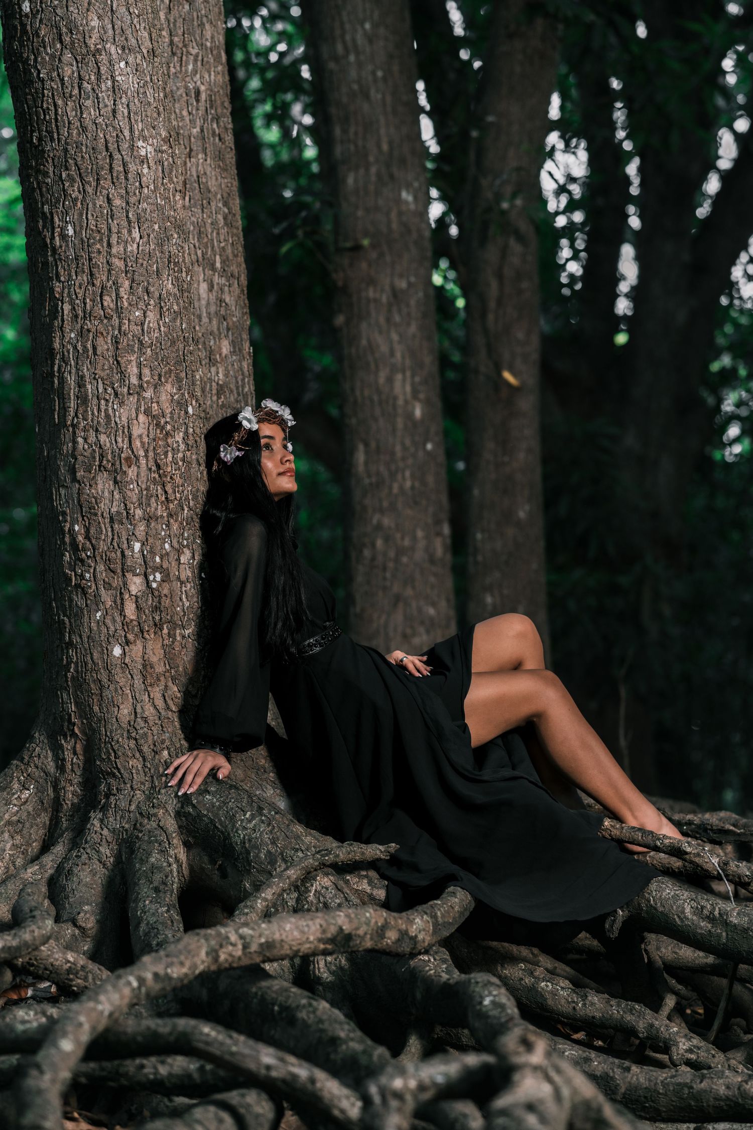 Woman in black dress with flower crown rests on tree roots in a moody forest setting.