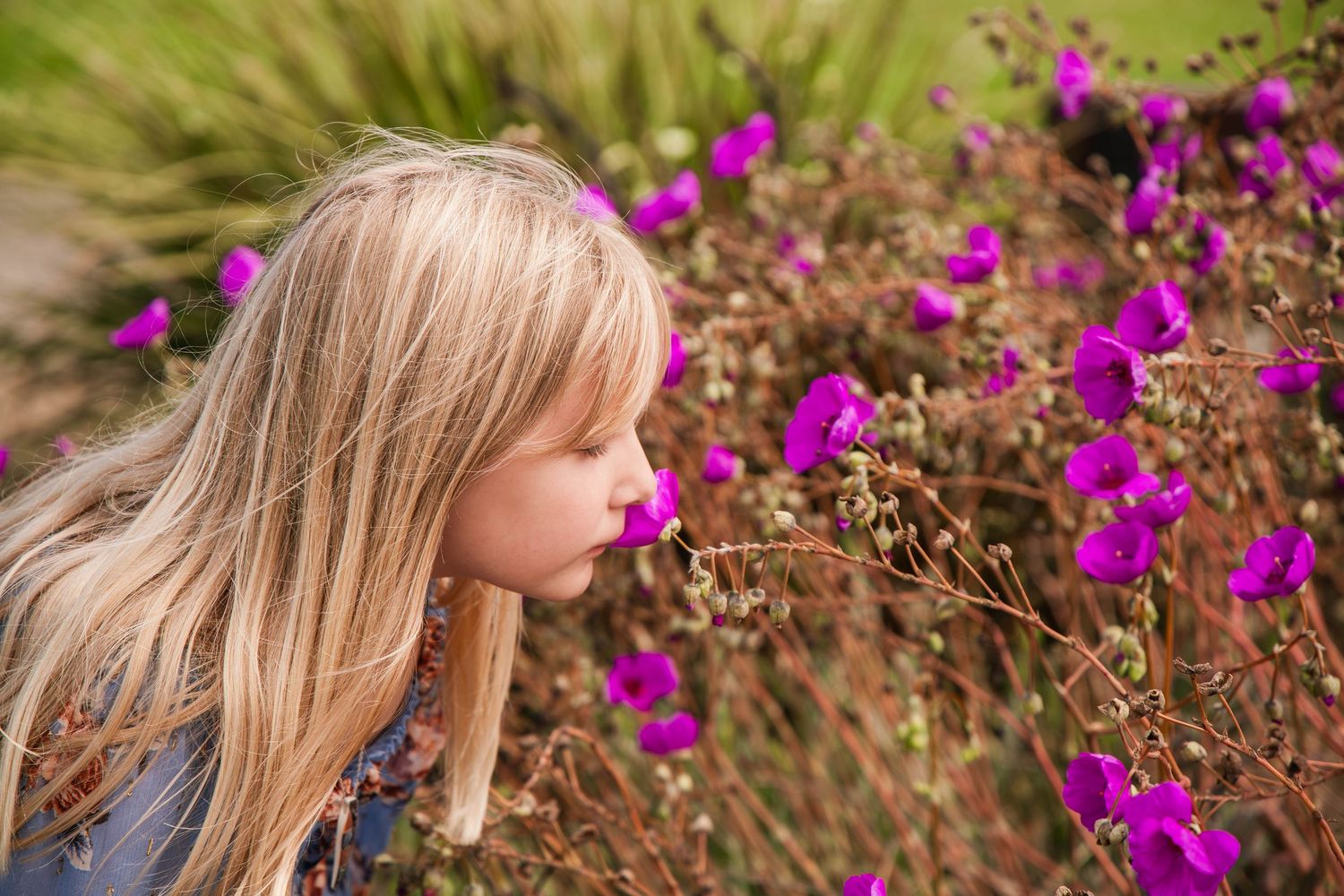 Girl smelling flower
