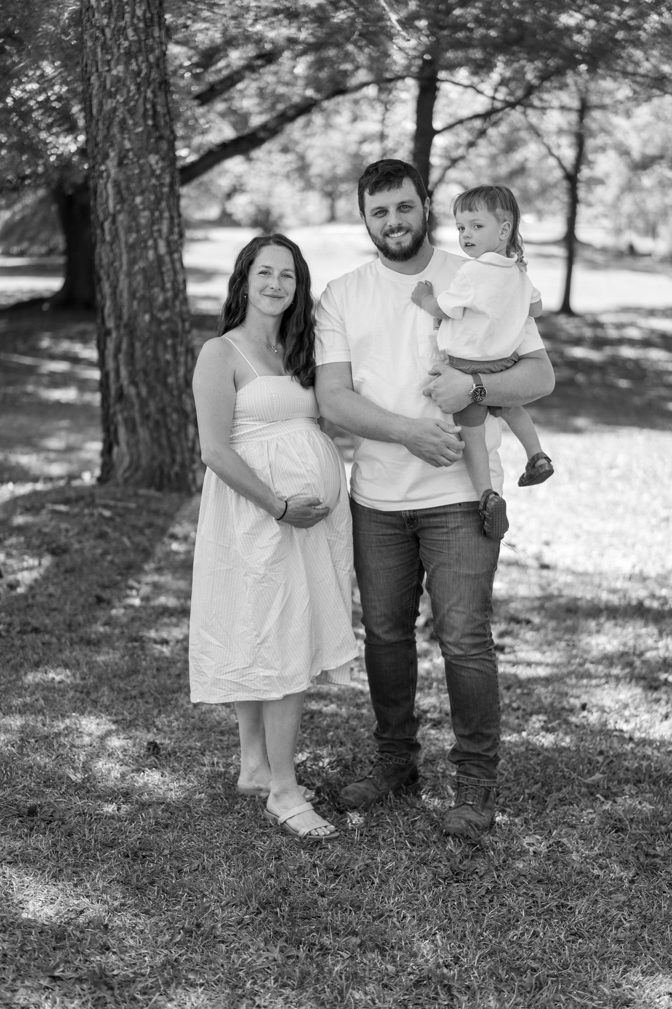 Black and white portrait of a pregnant woman, man, and toddler posing under a park tree.