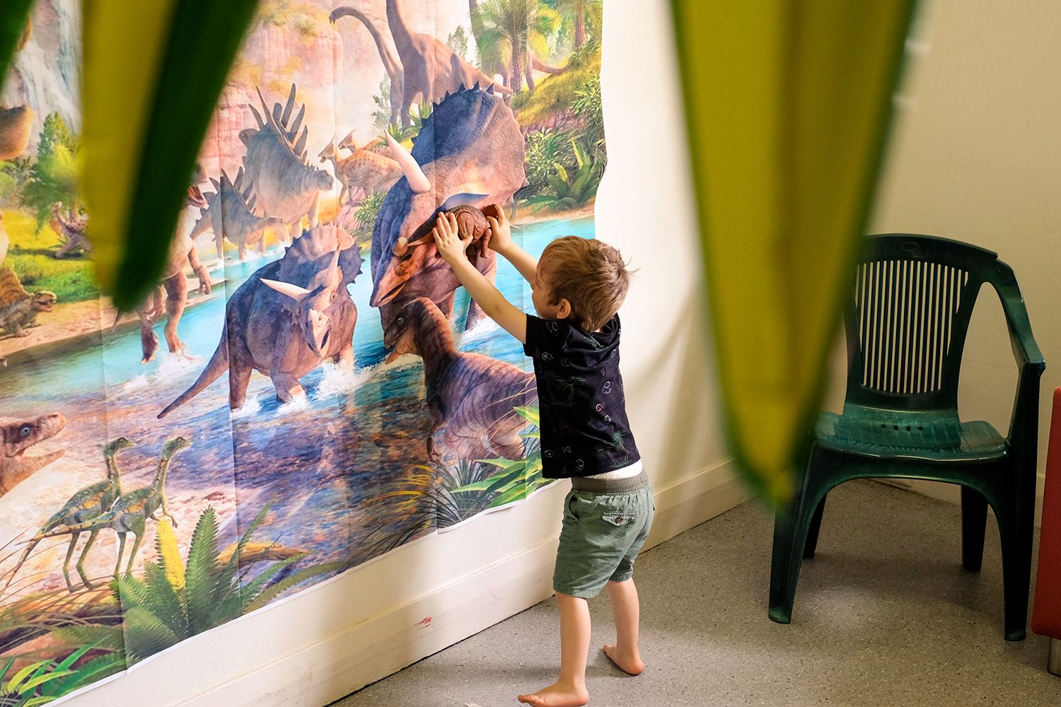 A young boy holds up his toy triceratops against a larger image on a wall of a triceratops.
