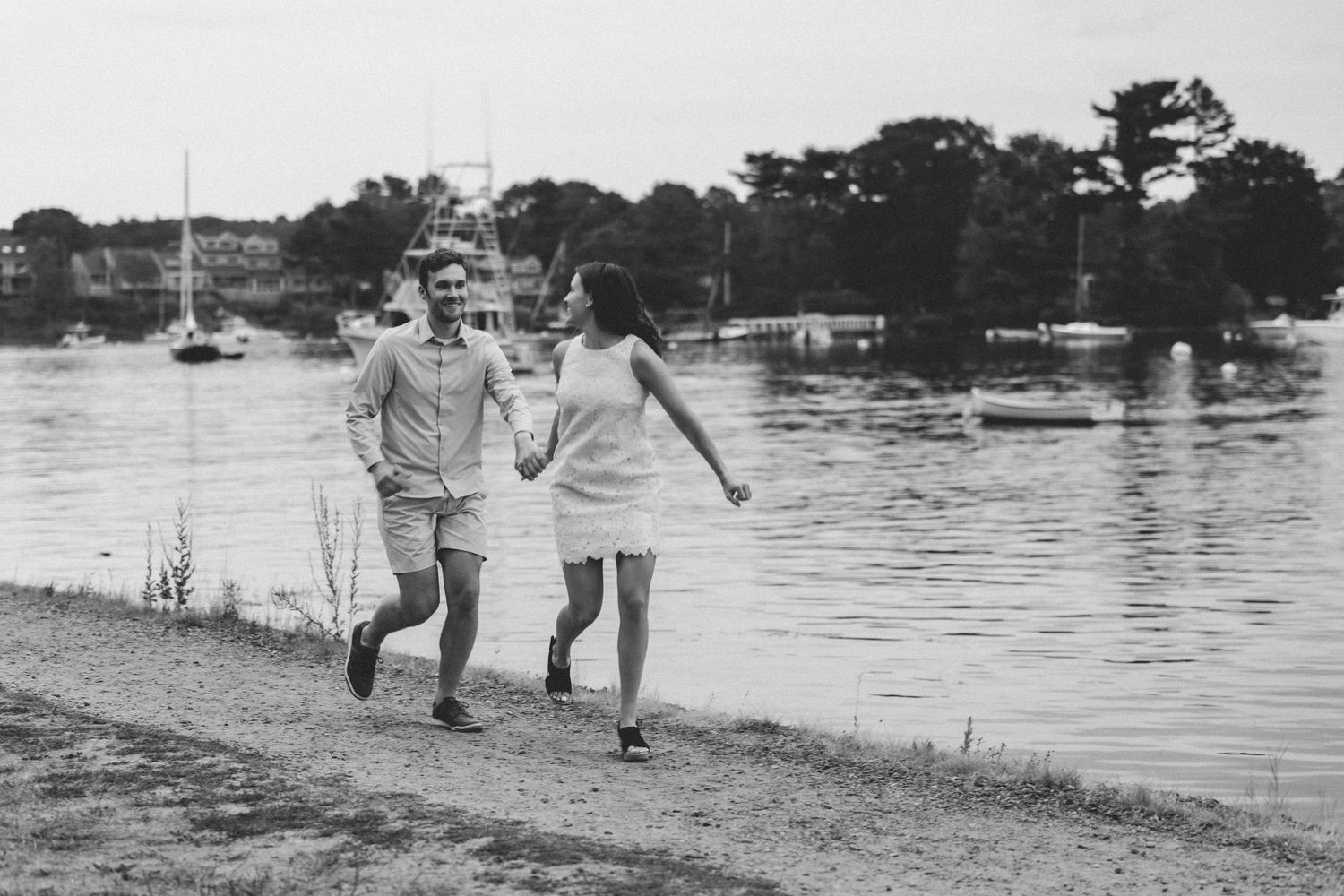 Historic black and white photographs of newly engaged couple at Fisherman's Path in York, Maine.