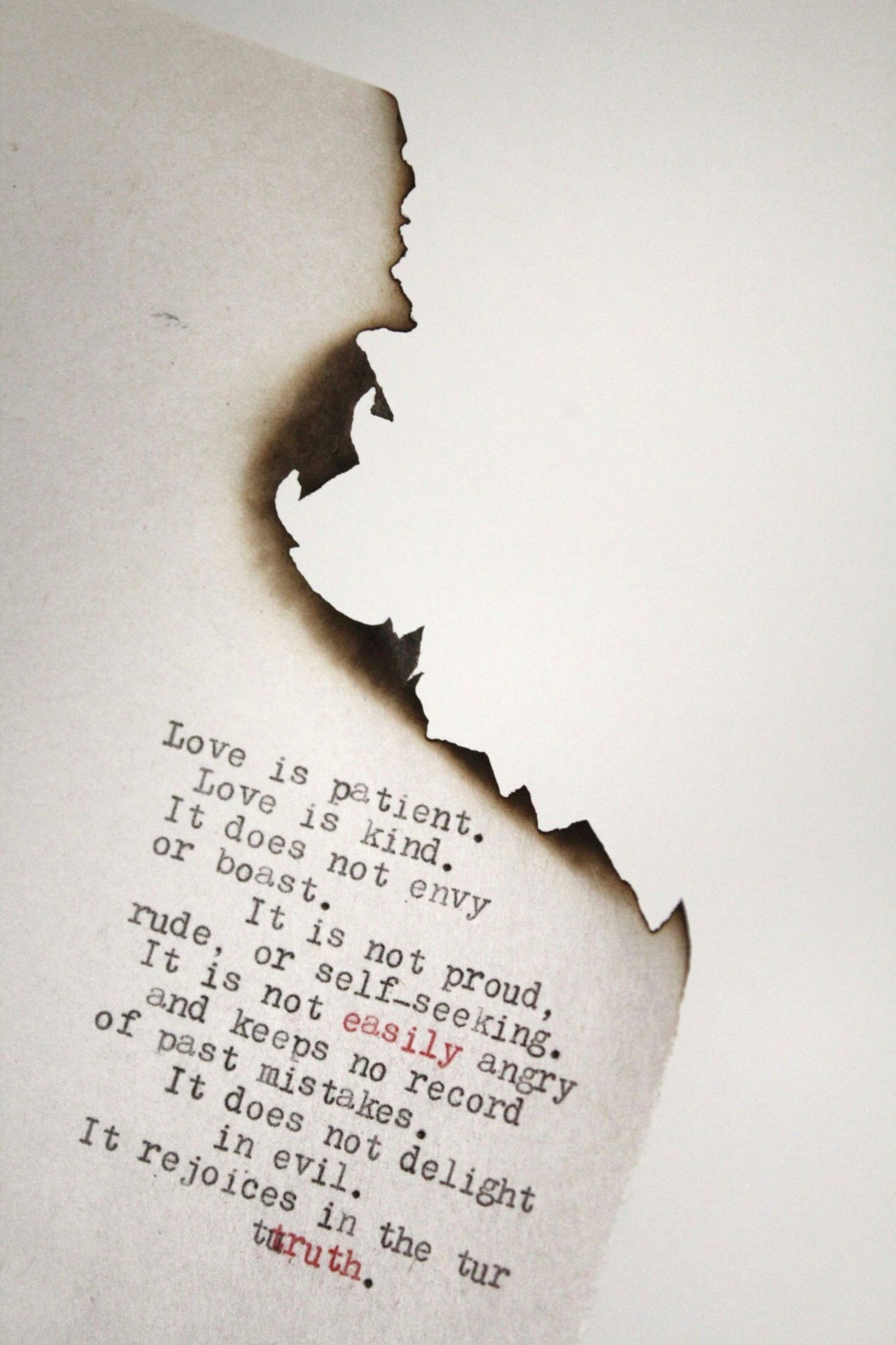 A series of torn paper fragments showing typewritten text about love in black and red ink against a white background.