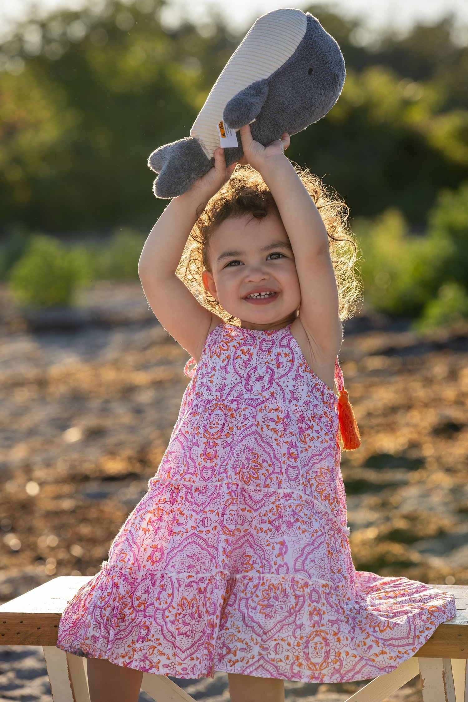 Joyful toddler in a pink patterned dress holding up a toy while playing outdoors at sunset.