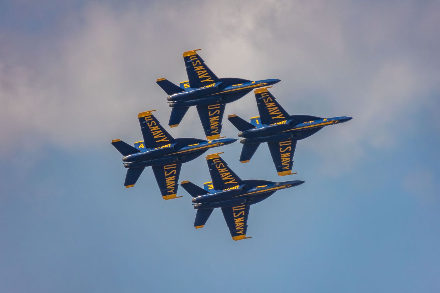 Blue Angels Navy flight demonstration squadron jets flying in tight diamond formation against a cloudy blue sky.