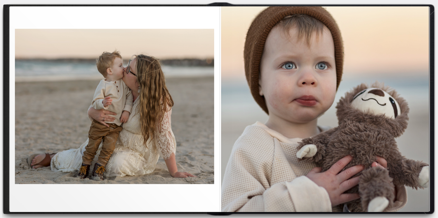 A mother kissing her toddler on a sandy beach at sunset, beside a baby portrait holding a stuffed sloth toy.