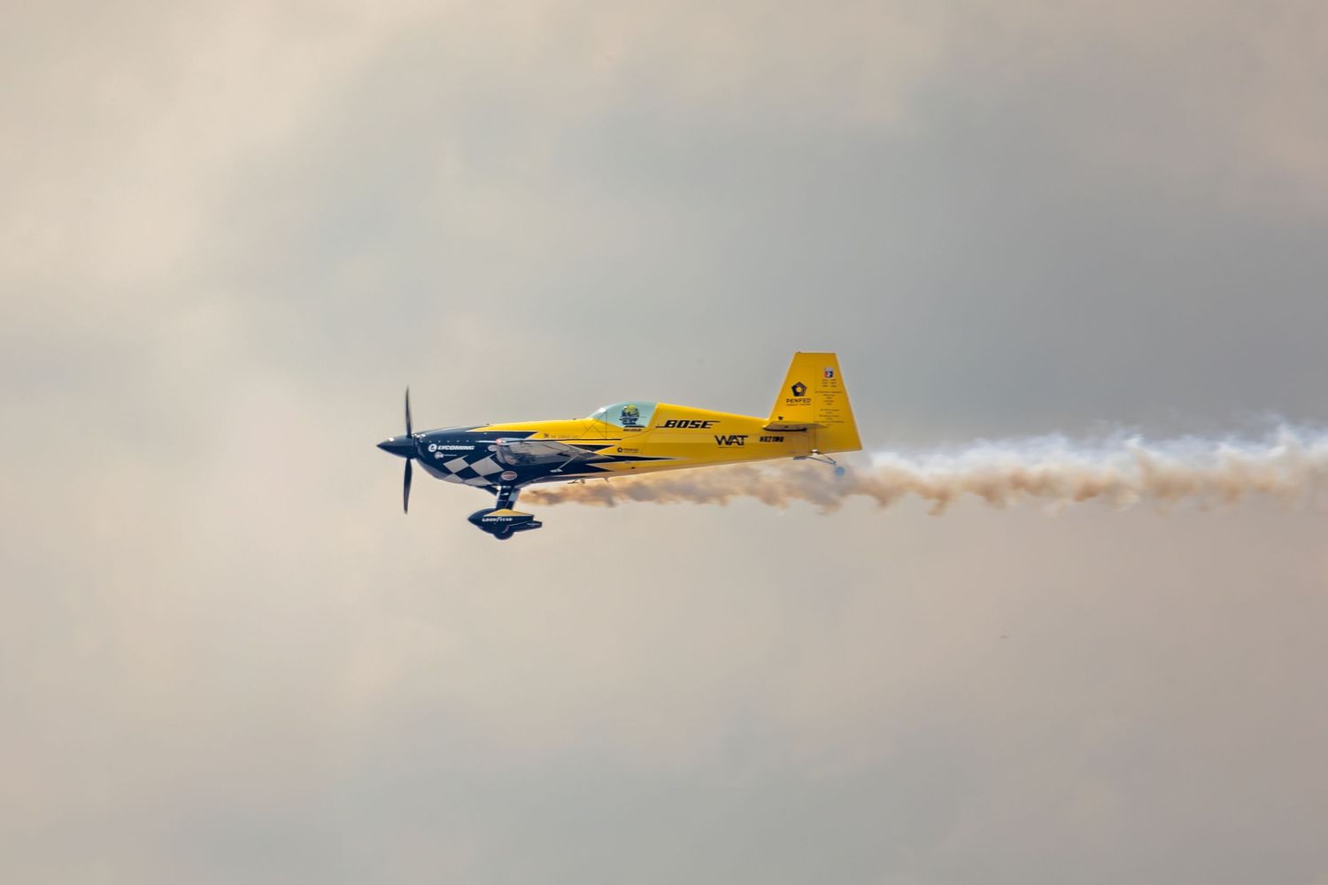 Yellow aerobatic planes perform synchronized flight maneuvers with smoke trails against cloudy sky.