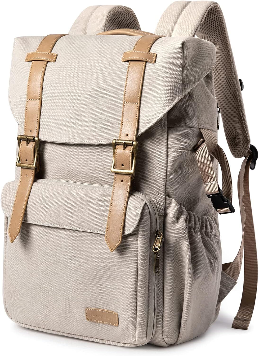 Gray canvas backpack with tan leather straps shown from multiple angles displaying its casual yet stylish design.