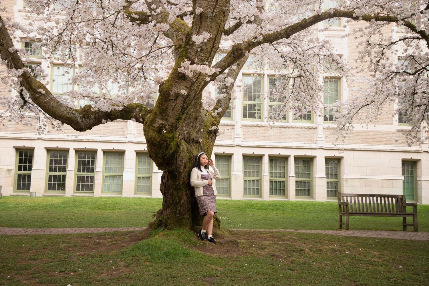 Woman standing beneath blooming cherry blossom trees during a spring portrait session at the University of Washington in Seattle