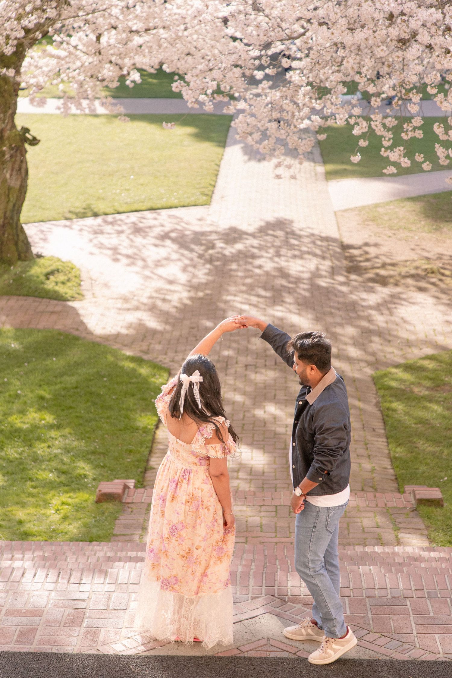 Candid couple moment under pink cherry blossoms at UW campus, Seattle spring photoshoot