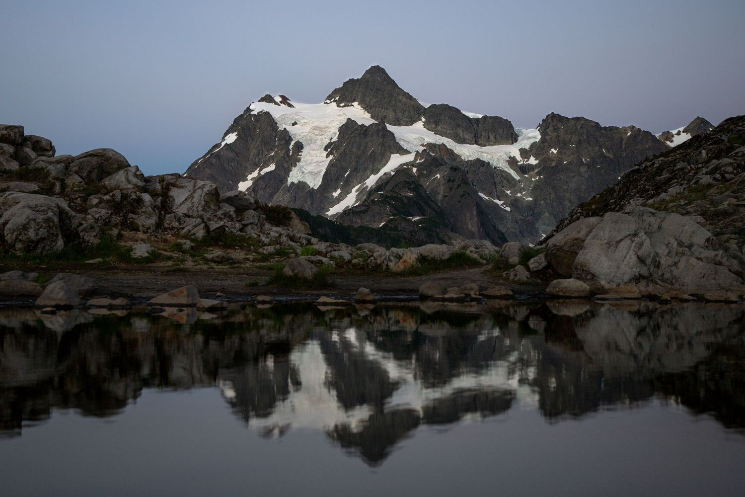 Mount Shuksan reflection in alpine lake at sunset, Mount Baker area elopement location